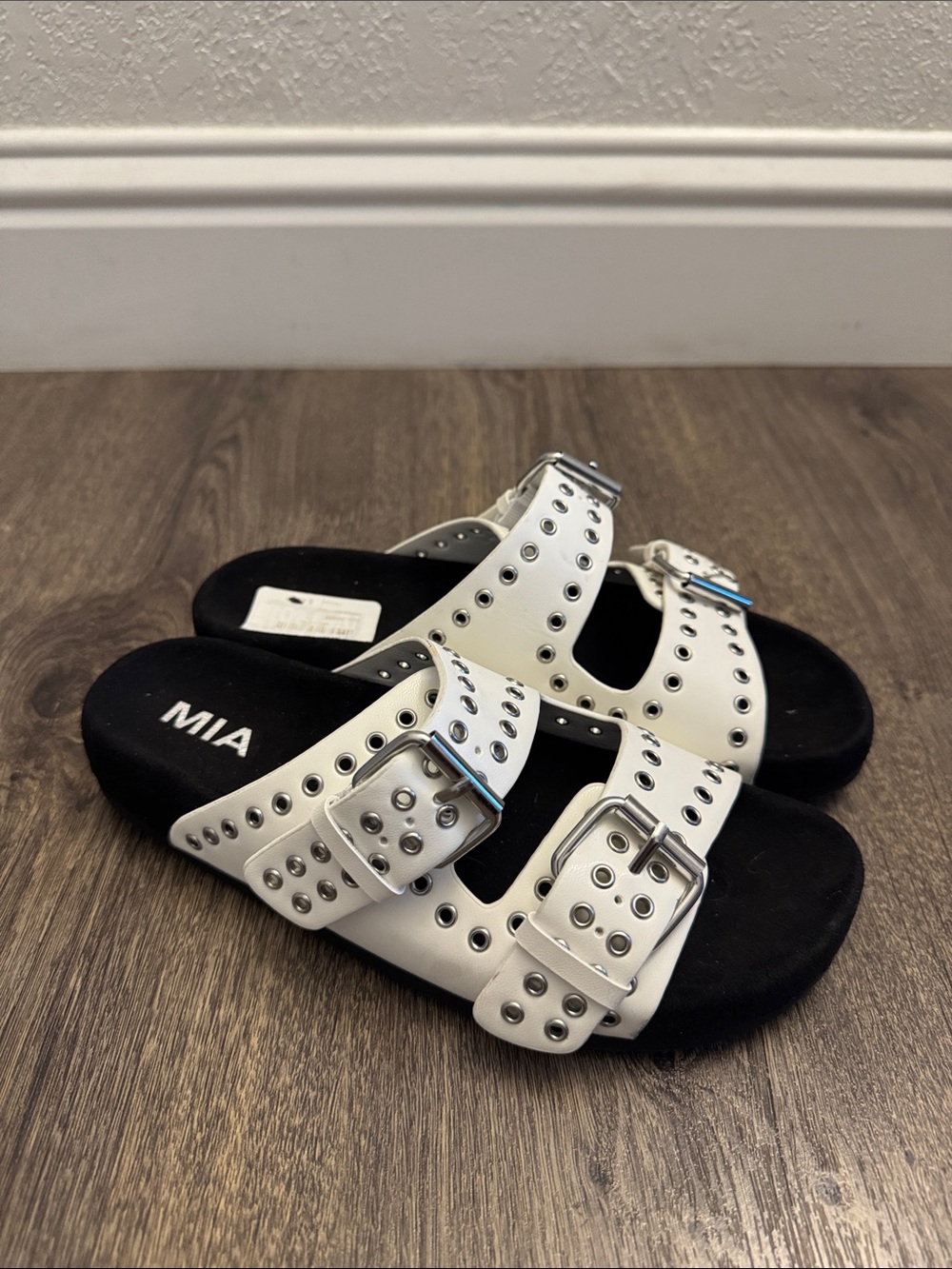 MIA White Studded Double-Buckle Slides with Silver Hardware